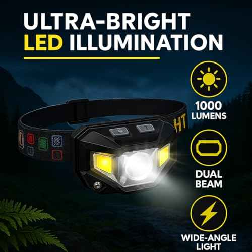 Keeble Outlets Headlamp Flashlight ? 1200 Lumen Ultra-Bright LED Rechargeable Head Lamp with White & Red Light ? Waterproof Motion Sensor Headlights for Camping, Running, Hiking & Fishing (2 Pack)