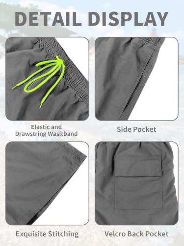 Men's Quick Dry Breathable Nylon Swim Trunks with Liner & Pockets - Medium Grey