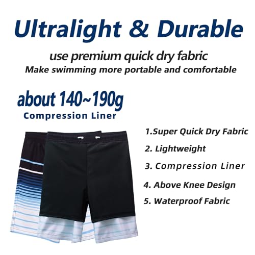 Kids Swim Trunks 2-in-1 Bathing Suit with Quick Dry Board Shorts & Compression Liner - Sky Blue Stripes, Size 14-16