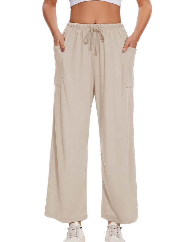 Large Women's Wide Leg Lounge Pants - Beige Comfy Harem Pajama Sweatpants with Pockets