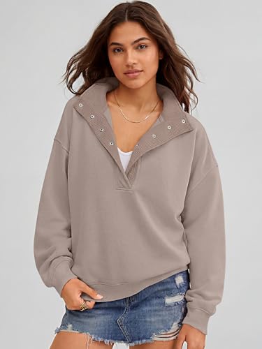 Women's Oversized Sweatshirt Mock Neck Henley - Mocha, Small - Fall Outfits