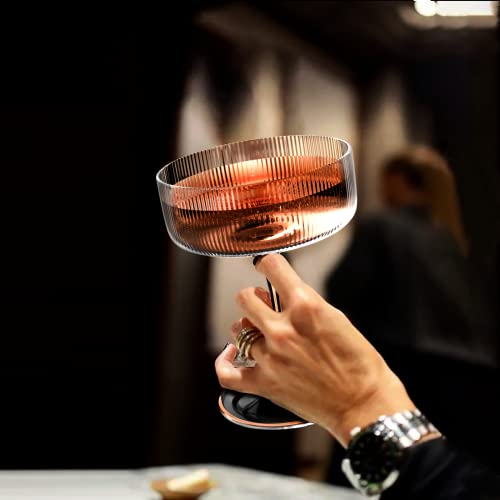 6 Pack Ribbed Coupe Cocktail Glasses - 10 oz Classic Martini Set with Gift Box