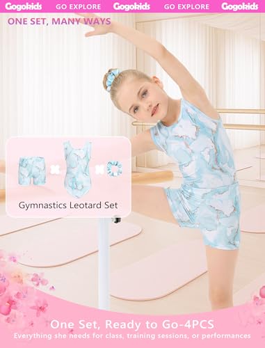 Girls Gymnastics Leotard Set with Crop Top and Shorts - 6-7 Years, Blue Marble