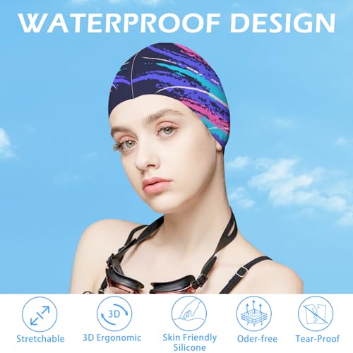 Women's Silicone Waterproof Swim Cap - Blue Graffiti - Long Hair Friendly