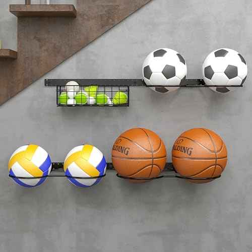 8 Tier Detachable Wall Mounted Basketball Rack,Vertical/Horizontal Football Holder,Holds 14 Balls DIY1/2/3/4 Soccer Stand,Height-Adjustable Ball Rack With Basket For Garage,Tool Room