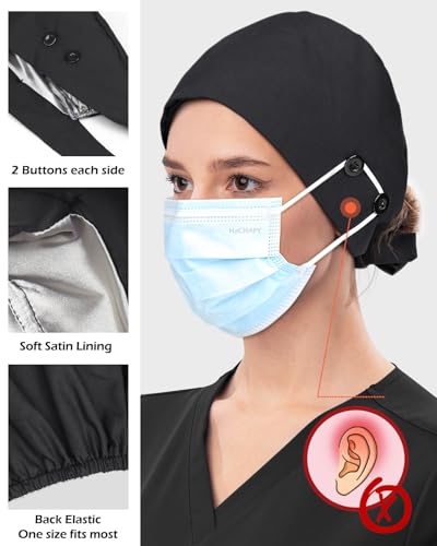 2 Pcs Satin Lined Scrub Caps for Nurses Women Men with 4 Buttons - Black