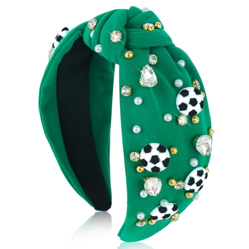 Soccer Headbands for Women Crystal Embellished Wide Top Knot Headband - Green