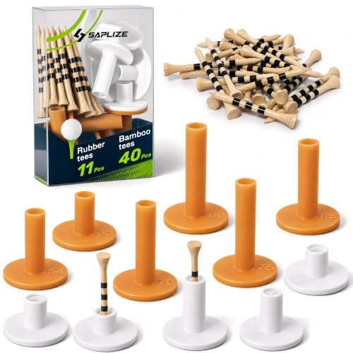 SAPLIZE White & Yellow Golf Tee Set 11 Pack with Rubber & Bamboo Tees for Practice & Range