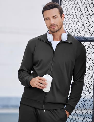 Men's Casual Tracksuit Set - Full Zip Jogging Suit, Large, Black