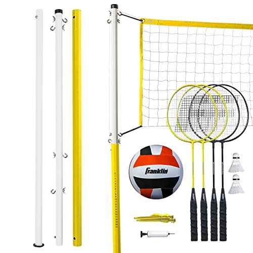 Franklin Sports Volleyball + Badminton Combo Sets - Backyard + Beach Outdoor Volleyball + Badminton Net Set - Portable Badminton + Volleyball Net with Poles - Volleyball, Rackets + Birdies Included
