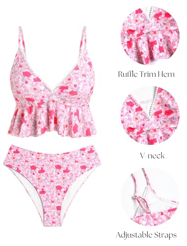Pink Floral High Waist Bikini Set with Ruffle Trim and V Neck - Medium