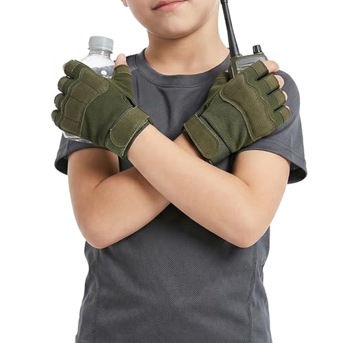Kids Tactical Half Finger Cycling Gloves - Green, Anti-Slip, Adjustable Wrist