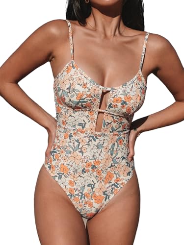 Women's Scoop Neck Monokini Swimsuit - Cutout One-Piece Bathing Suit, Medium / Yellow Ditsy Floral