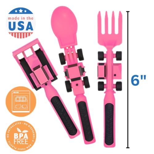 Pink Toddler Construction Utensils Set Made in USA - Kids Silverware for Construction Play