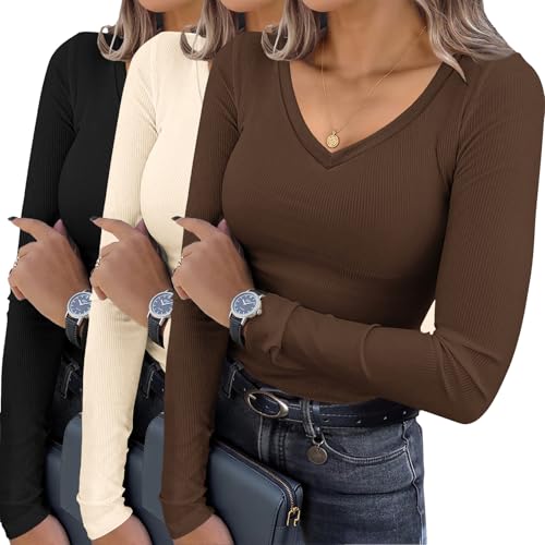Women's Long Sleeve Ribbed Thermal Shirt V-Neck Undershirt Medium Black Dark Brown Cream
