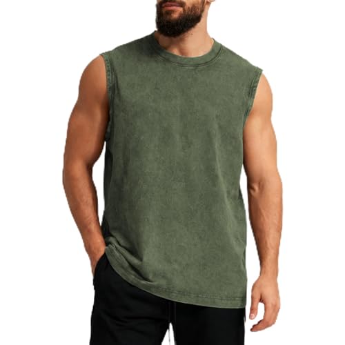 Men's Workout Tank Top Sleeveless Muscle Shirt - Acid Wash Cotton, Green, X-Large