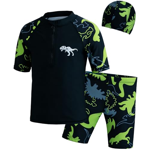 Boys Swim Set with Rashguard Trunks & Cap - UPF50+ Quick Dry 7-8 Years Black