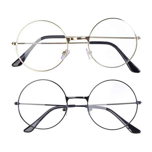 2 Pack Round Costume Glasses,Cosplay Old Man Costume Glasses Santa Gold Round Glasses, Wizard Wire Glasses for Kids Women Halloween Party
