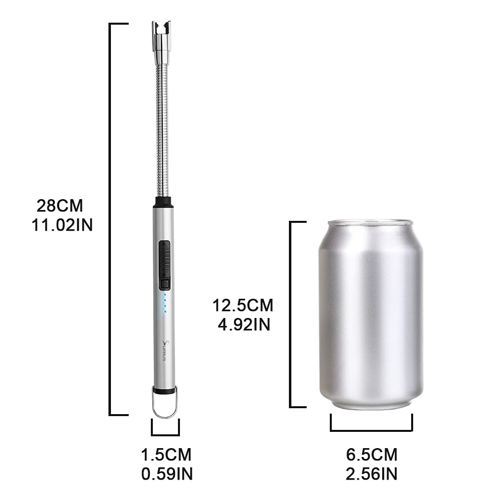 SUPRUS Electric Candle Lighter USB Type C Rechargeable Lighter Steel Shell & Hanging Hook with 360° Flexible Neck(Silver)