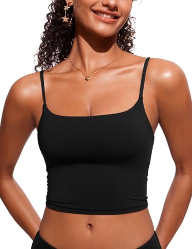 Women's Medium Black Cami Strap Longline Bikini Top - Quick Dry, Supportive