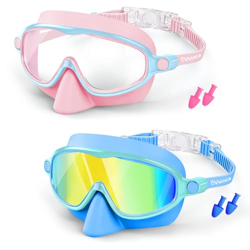 Kids Swim Goggles with Nose Cover 2 Pack - Pink & Blue for Pool & Beach