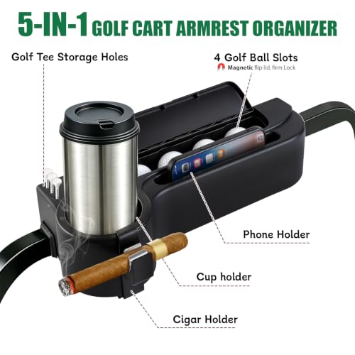 5-in-1 Golf Cart Rear Seat Armrest with Cup Holders & Storage - Black