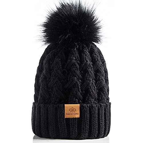 PAGE ONE Womens Winter Ribbed Beanie Crossed Cap Chunky Cable Knit Pompom Soft Warm Hat
