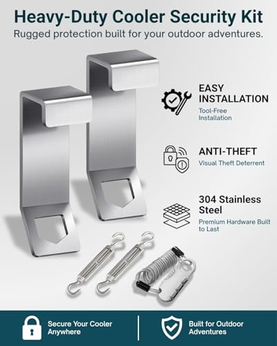 Silver 2-Pack Cooler Lock Brackets with Retractable Cable & Turnbuckle - Heavy Duty Stainless Steel Security Kit for Yeti/RTIC Coolers