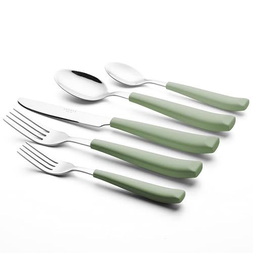 Large 20-Piece Silverware Set with Colorful Handles - Sage Green Stainless Steel Kitchen Flatware