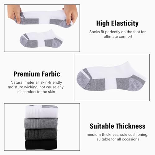 Mens Cushioned Ankle Socks - 12 Pack Low Cut Breathable Casual Socks, White, Size 6-11