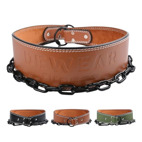 Heavy-Duty Leather Weight Lifting Dip Belt with Steel Chain - Brown