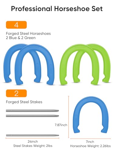 Professional Horseshoe Game Set with Steel Shoes & Stakes - Green & Blue Variation