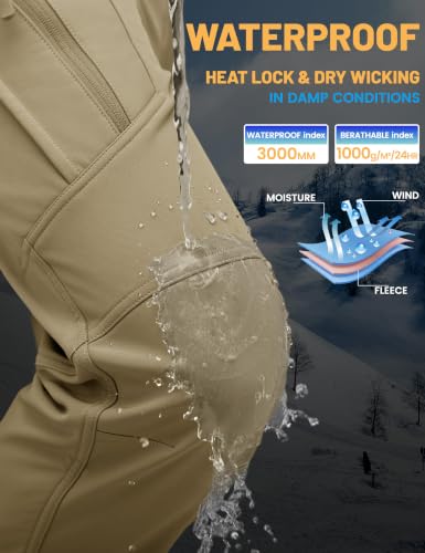 Men's Winter Snow Ski Pants Waterproof Fleece Lined Work Tactical Khaki 34