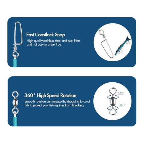 Blue Fluorocarbon Fishing Leader Line with Swivels Snap Kit - 20'' 30lb