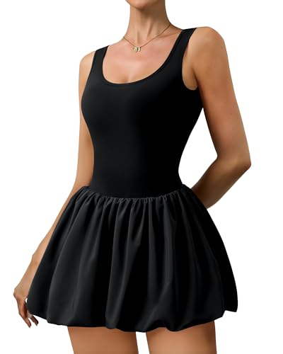Women's Athletic Tennis Dress with Pockets - Bubble Hem, Medium/Black