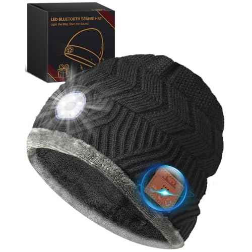 Bluetooth Beanie with a Light, Rechargeable Hat with 4 LED Headlamp & Headphones, Christmas Stocking Stuffers Gifts for Men