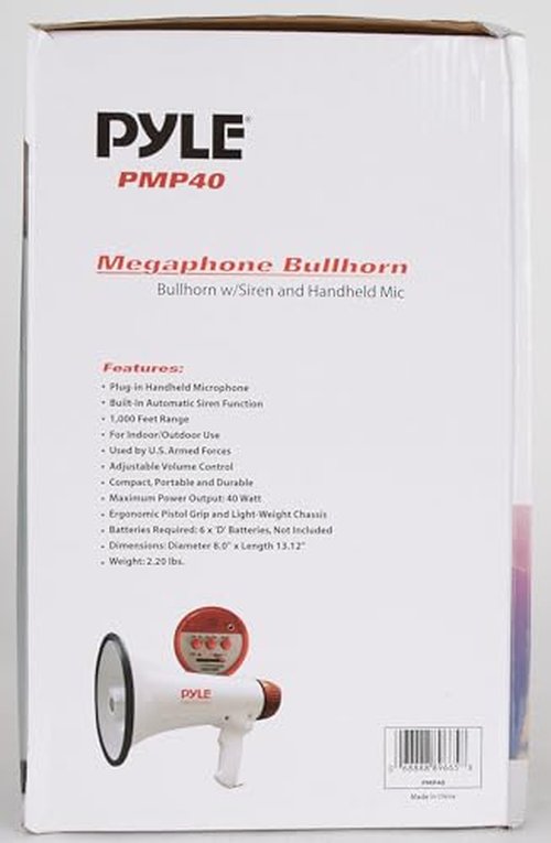 Pyle 40 Watt Professional Megaphone Clear Sound & Ergonomic Grip - Multi-Function with Talk, Siren, Volume Control - Detachable Handheld Mic - Indoor & Outdoor Sports, Emergency Response