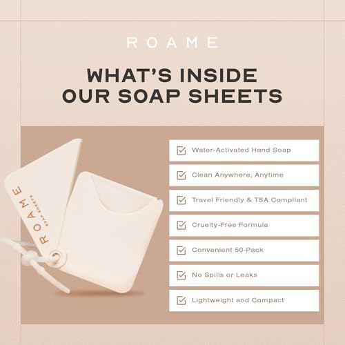 Roame Portable Soap Sheets ? Ultra-Thin Soap for Hand Moisture & Hygiene ? Water-Activated, Compact, Cruelty-Free, Eco-Friendly ? Perfect for Travel Kits & On-the-Go Use ? 50-Pack