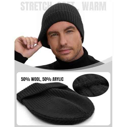 50% Wool Double Cuff Knit Beanie Hat for Men Women, Short Fisherman/Slouchy Warm Winter Skull Cap Trawler Watch Cap