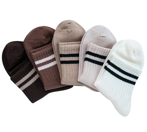 Deeorla Women's Striped Crew Socks 5 Pairs - Vintage Retro Athletic Socks