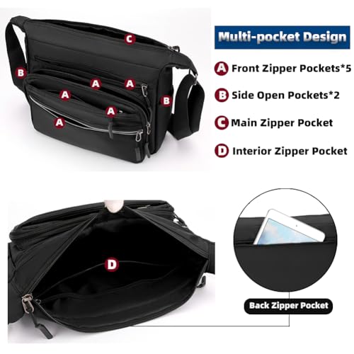 Mudono Waterproof Nylon Messenger Bag for Men - Black Multi-pocket Crossbody Travel Satchel