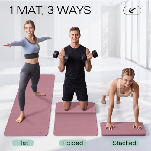 Foldable Yoga & Exercise Mat - Extra Wide 31.5 Inch XL, 74.8x31.5, Non Slip, Lightweight, Travel Friendly, Dusty Black & Smoky Pink