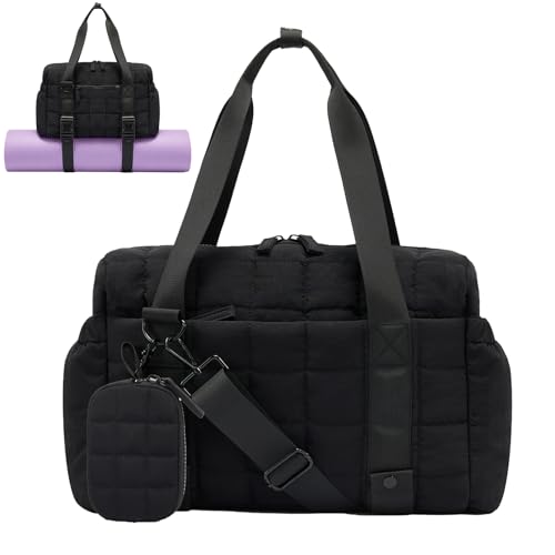 Small Gym Bag for Women with Yoga Mat Holder - Black, Puffy Sports Duffle