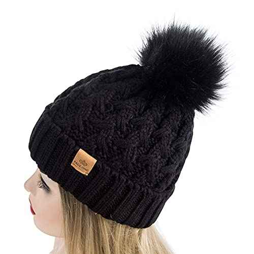 PAGE ONE Womens Winter Ribbed Beanie Crossed Cap Chunky Cable Knit Pompom Soft Warm Hat
