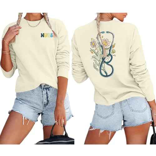 Nurse Graphic Crewneck Sweatshirts for women Floral Stethoscope Lightweight Sweatshirt Pullover Hoodie Nurses Gifts