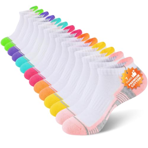 Heatuff 7 Pairs Cotton Ankle Socks for Women Running Athletic Cushioned Low Cut Sports Socks - White, Size 7 Pairs