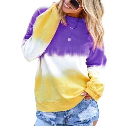 Dresswel Women's Oversized Crew Neck Tie Dye Sweatshirts with No Hood Plus Size Casual Color Block Long Sleeve Pullover Tops