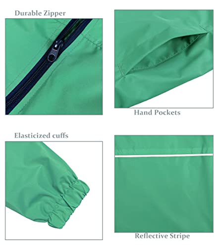 Kids Waterproof Hooded Rain Jacket with Fleece Lining - Green, 8-9 Years