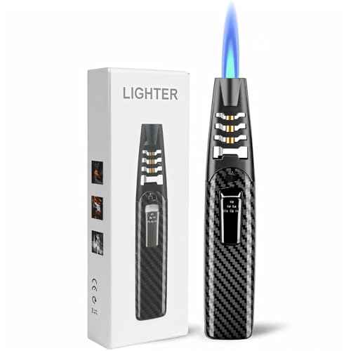 Torch Lighter, Butane Lighter, Adjustable Big Jet Flame Butane Torch, Windproof Refillable Gas Long Torch Lighter with Safety Lock for Candle Grill Camping BBQ Kitchen Soldering, Gas Not Included