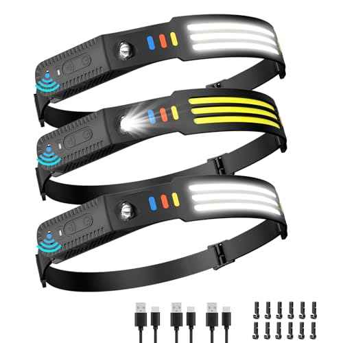 Lsnisni Headlamp Rechargeable 3 Pack, 230¡Æ Wide Beam Head Lamp LED, Head Flashlight with Motion Sensor, 5 Mode Head Lights for Forehead, Waterproof Headlamps for Adults Hiking Camping Gear